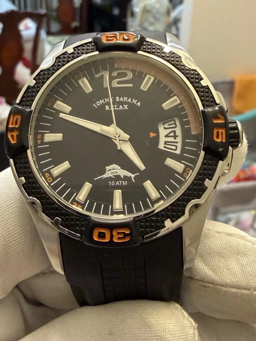 Tommy Bahama Relax Men Watch RLX1112 Black Orange Date 10 ATM 46mm Sport Diver